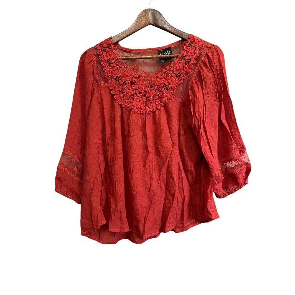 Directions Womens‎ Top Small Orange Crochet Lace 3/4 Sleeve Blouse